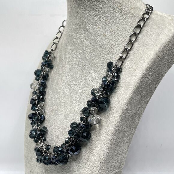 Aldo Gunmetal Dark Blue White Glass Cha Cha Beaded Necklace Boho Fashion - Picture 4 of 8